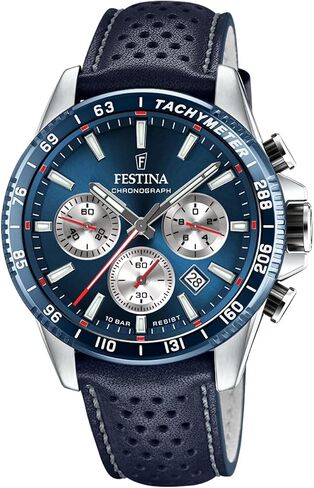 Festina Men's Watch F20561/2 Timeless Chronograph Steel Steel Case 316L Silver Blue Leather Strap in Saudi Arabia