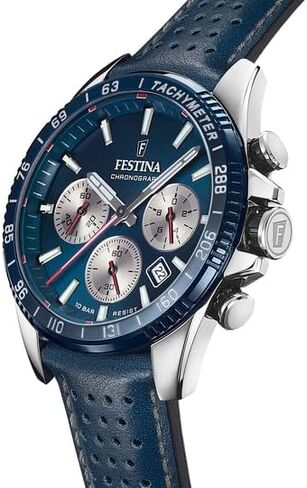 Festina Men's Watch F20561/2 Timeless Chronograph Steel Steel Case 316L Silver Blue Leather Strap in Saudi Arabia