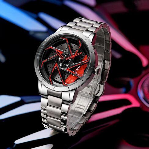 FANMIS Mens Fashion Racing Watch Creative 3D Spinning Car Wheel Rotating Design Stainless Steel Large Dial Skeleton Waterproof Watch,Suitable for Men and Car Enthusiasts in Saudi Arabia