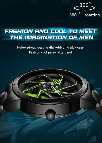 FANMIS Mens Fashion Racing Watch Creative 3D Spinning Car Wheel Rotating Design Stainless Steel Large Dial Skeleton Waterproof Watch,Suitable for Men and Car Enthusiasts in Saudi Arabia