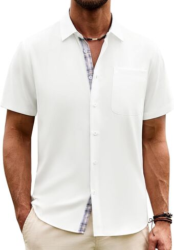 Mens Button Down Short Sleeve Shirts Summer Casual Linen-Like Urban Shirt Beach Wedding Vacation Tops with Pocket in Saudi Arabia