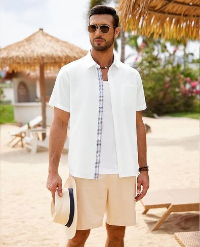 Mens Button Down Short Sleeve Shirts Summer Casual Linen-Like Urban Shirt Beach Wedding Vacation Tops with Pocket in Saudi Arabia