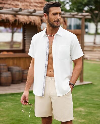Mens Button Down Short Sleeve Shirts Summer Casual Linen-Like Urban Shirt Beach Wedding Vacation Tops with Pocket in Saudi Arabia