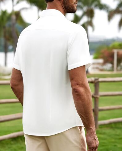 Mens Button Down Short Sleeve Shirts Summer Casual Linen-Like Urban Shirt Beach Wedding Vacation Tops with Pocket in Saudi Arabia