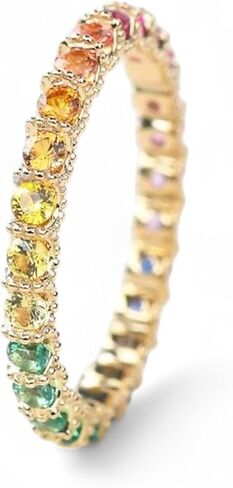 Rainbow Sapphire Ring Yellow Gold 3mm Wedding Band Gradient Ring September Birthstone Full Eternity Stacking Rings Stackable Blue Pink Green in Saudi Arabia