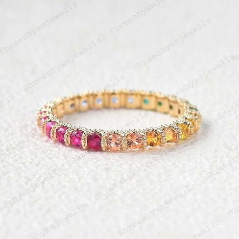 Rainbow Sapphire Ring Yellow Gold 3mm Wedding Band Gradient Ring September Birthstone Full Eternity Stacking Rings Stackable Blue Pink Green in Saudi Arabia
