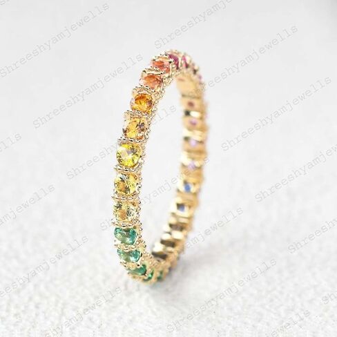 Rainbow Sapphire Ring Yellow Gold 3mm Wedding Band Gradient Ring September Birthstone Full Eternity Stacking Rings Stackable Blue Pink Green in Saudi Arabia