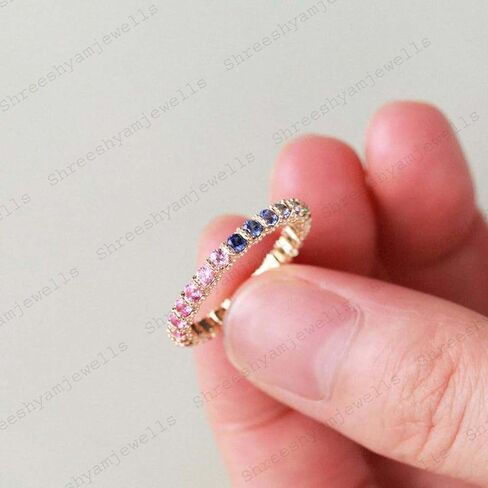 Rainbow Sapphire Ring Yellow Gold 3mm Wedding Band Gradient Ring September Birthstone Full Eternity Stacking Rings Stackable Blue Pink Green in Saudi Arabia