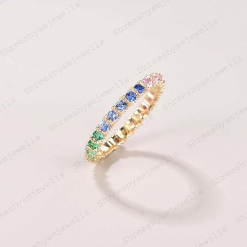 Rainbow Sapphire Ring Yellow Gold 3mm Wedding Band Gradient Ring September Birthstone Full Eternity Stacking Rings Stackable Blue Pink Green in Saudi Arabia