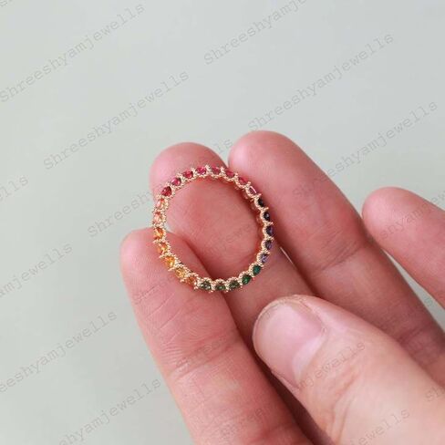 Rainbow Sapphire Ring Yellow Gold 3mm Wedding Band Gradient Ring September Birthstone Full Eternity Stacking Rings Stackable Blue Pink Green in Saudi Arabia