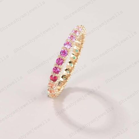 Rainbow Sapphire Ring Yellow Gold 3mm Wedding Band Gradient Ring September Birthstone Full Eternity Stacking Rings Stackable Blue Pink Green in Saudi Arabia
