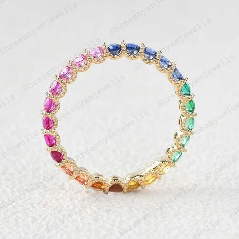 Rainbow Sapphire Ring Yellow Gold 3mm Wedding Band Gradient Ring September Birthstone Full Eternity Stacking Rings Stackable Blue Pink Green in Saudi Arabia
