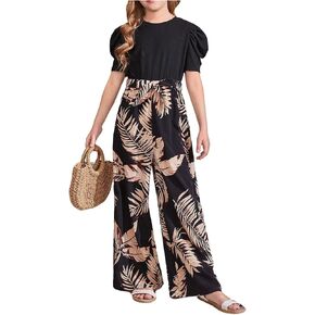 WDIRARA Girls's Casual Graphic Puff Sleeve Bow Belted Wide Leg Jumpsuit in Kuwait