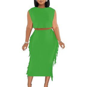 LYANER Women's 2 Piece Outfits Crewneck Fringe Sleeveless Crop Top and Tassel Trim Bodycon Midi Skirt Set in Kuwait