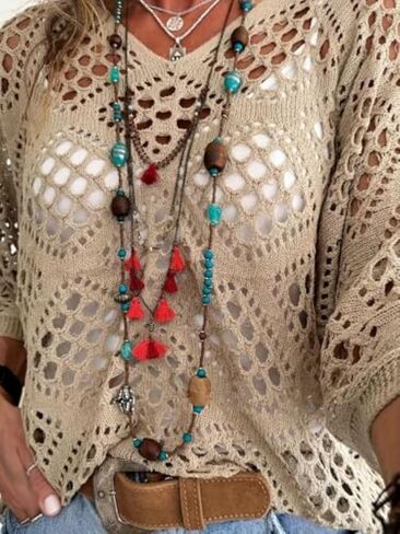 NASKY Women’s Casual Knit Pullover Hollow-Out 3/4 Batwing Sleeve Lightweight and Comfortable Boho Chic Summer Sweater in Kuwait