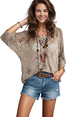 NASKY Women’s Casual Knit Pullover Hollow-Out 3/4 Batwing Sleeve Lightweight and Comfortable Boho Chic Summer Sweater in Kuwait