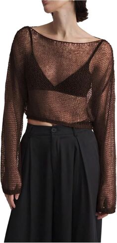 MakeMeChic Women's Crochet Sheer Boat Neck Sweater Long Sleeve Knit Lightweight Crop Tops in Saudi Arabia