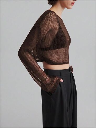 MakeMeChic Women's Crochet Sheer Boat Neck Sweater Long Sleeve Knit Lightweight Crop Tops in Saudi Arabia