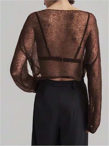 MakeMeChic Women's Crochet Sheer Boat Neck Sweater Long Sleeve Knit Lightweight Crop Tops in Saudi Arabia