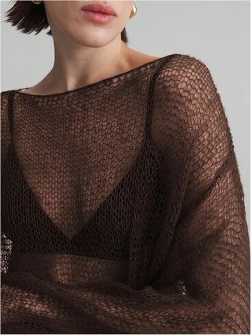 MakeMeChic Women's Crochet Sheer Boat Neck Sweater Long Sleeve Knit Lightweight Crop Tops in Saudi Arabia
