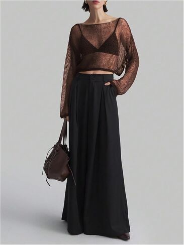 MakeMeChic Women's Crochet Sheer Boat Neck Sweater Long Sleeve Knit Lightweight Crop Tops in Saudi Arabia