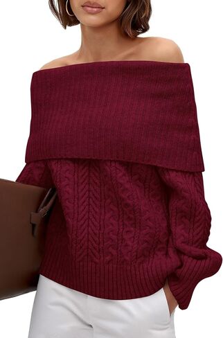MASCOMODA Womens Sweaters Off The Shoulder Long Sleeve Cable Knit Sweater Loose Chunky Pullover Dressy Work Tops Fall Fashion in Saudi Arabia
