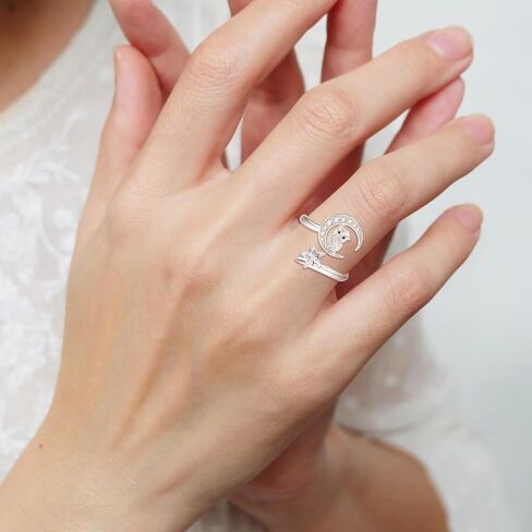 TANGPOET Adjustable Moon Star Ring for Women 925 Sterling Silver CZ Open Rings Celestial Jewelry Gifts for Birthday Christmas Anniversary Graduation in Saudi Arabia