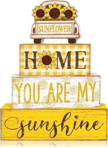 Britimes 4 Pcs Summer Tiered Tray Decorations Set, Car Sunflower Stack Block Signs Sunshine Farmhouse Rustic Table Tiered Tray Decor for Table & Home Office (Car Sunflower Style) in Saudi Arabia