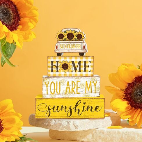 Britimes 4 Pcs Summer Tiered Tray Decorations Set, Car Sunflower Stack Block Signs Sunshine Farmhouse Rustic Table Tiered Tray Decor for Table & Home Office (Car Sunflower Style) in Saudi Arabia