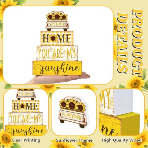 Britimes 4 Pcs Summer Tiered Tray Decorations Set, Car Sunflower Stack Block Signs Sunshine Farmhouse Rustic Table Tiered Tray Decor for Table & Home Office (Car Sunflower Style) in Saudi Arabia