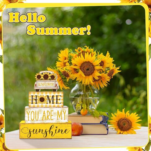 Britimes 4 Pcs Summer Tiered Tray Decorations Set, Car Sunflower Stack Block Signs Sunshine Farmhouse Rustic Table Tiered Tray Decor for Table & Home Office (Car Sunflower Style) in Saudi Arabia