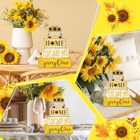 Britimes 4 Pcs Summer Tiered Tray Decorations Set, Car Sunflower Stack Block Signs Sunshine Farmhouse Rustic Table Tiered Tray Decor for Table & Home Office (Car Sunflower Style) in Saudi Arabia
