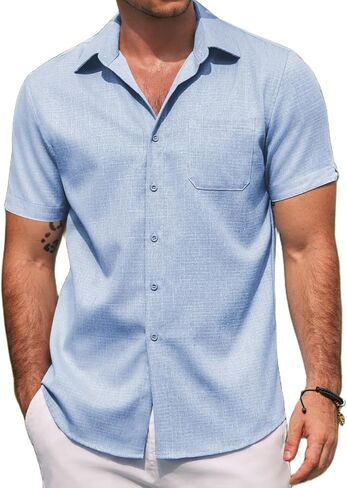 COOFANDY Men's Linen Shirts Short Sleeve Casual Shirts Summer Beach Button Down Shirts with Pocket in Saudi Arabia