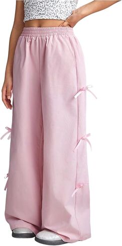 Girl's Y2k Bow Sweatpants Elastic High Waist Wide Leg Baggy Track Pants in Saudi Arabia