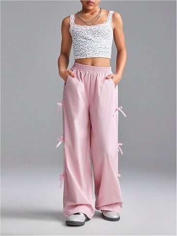 Girl's Y2k Bow Sweatpants Elastic High Waist Wide Leg Baggy Track Pants in Saudi Arabia