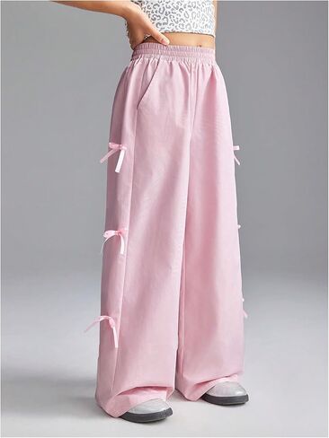 Girl's Y2k Bow Sweatpants Elastic High Waist Wide Leg Baggy Track Pants in Saudi Arabia