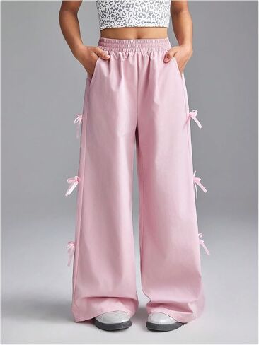 Girl's Y2k Bow Sweatpants Elastic High Waist Wide Leg Baggy Track Pants in Saudi Arabia