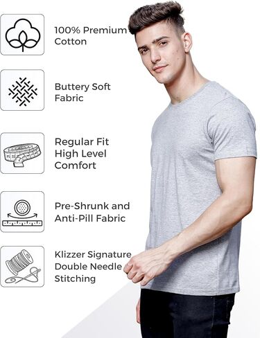 Klizzer 100% Cotton T Shirts for Men - Soft Premium Pack of 3 Regular Fit Crew Neck T-Shirts Plain Short Sleeve Tees in Kuwait