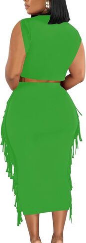 LYANER Women's 2 Piece Outfits Crewneck Fringe Sleeveless Crop Top and Tassel Trim Bodycon Midi Skirt Set in Kuwait