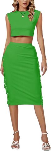 LYANER Women's 2 Piece Outfits Crewneck Fringe Sleeveless Crop Top and Tassel Trim Bodycon Midi Skirt Set in Kuwait