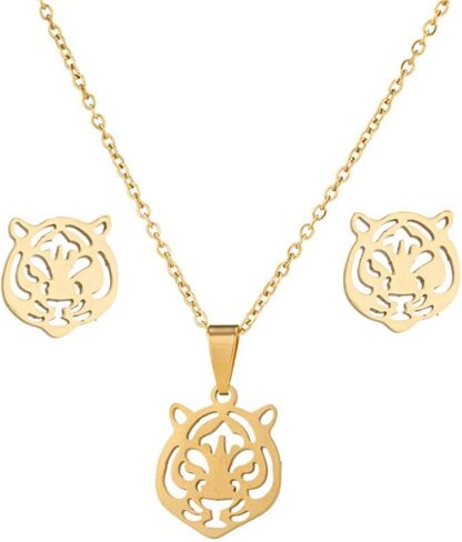 Dreuyet Tiger Head Stud Marrings Necklace مجموعة للنساء الصخور الصخرية الفولاذ المقاوم للصدأ قلادة بسيطة in Kuwait