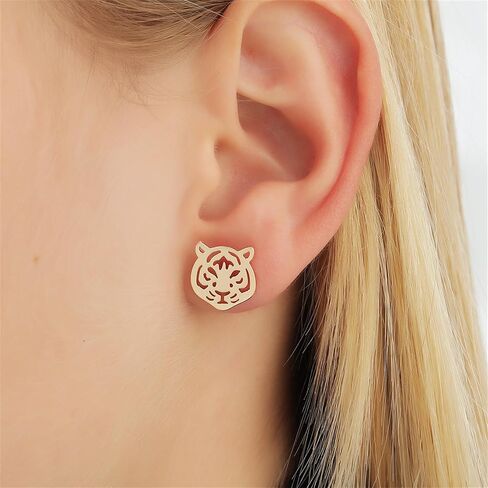 Dreuyet Tiger Head Stud Marrings Necklace مجموعة للنساء الصخور الصخرية الفولاذ المقاوم للصدأ قلادة بسيطة in Kuwait