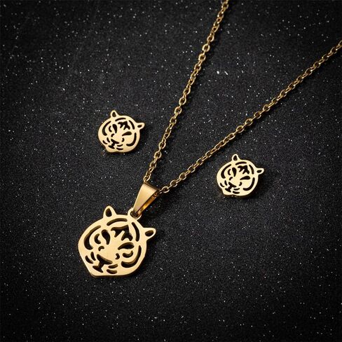 Dreuyet Tiger Head Stud Marrings Necklace مجموعة للنساء الصخور الصخرية الفولاذ المقاوم للصدأ قلادة بسيطة in Kuwait