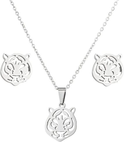 Dreuyet Tiger Head Stud Earrings Necklace Set for Women Punk Rock Stainless Steel Animal Necklace Simple Cute Tiger Stud Earrings Hip Hop Hollow Animal Trendy Jewelry Set in Saudi Arabia