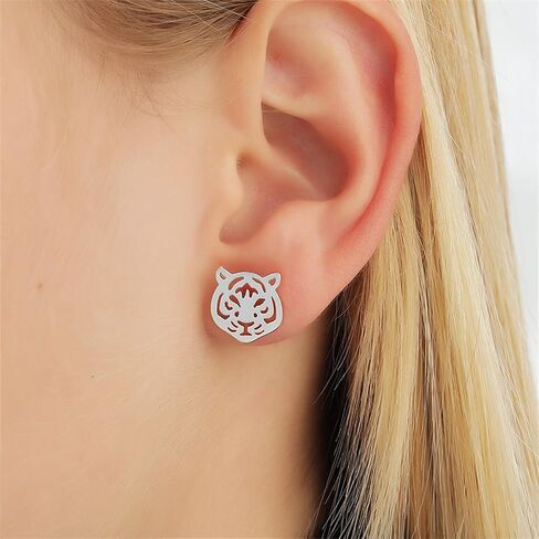 Dreuyet Tiger Head Stud Earrings Necklace Set for Women Punk Rock Stainless Steel Animal Necklace Simple Cute Tiger Stud Earrings Hip Hop Hollow Animal Trendy Jewelry Set in Saudi Arabia