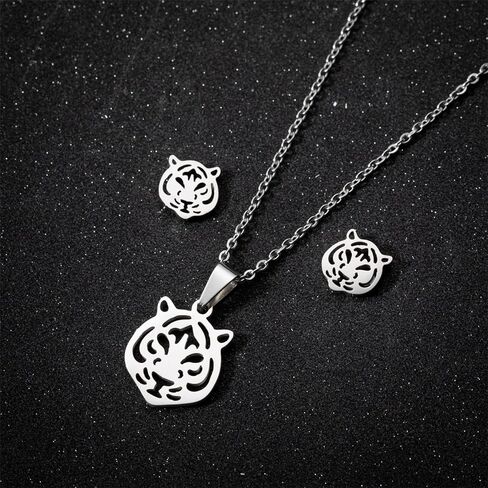 Dreuyet Tiger Head Stud Earrings Necklace Set for Women Punk Rock Stainless Steel Animal Necklace Simple Cute Tiger Stud Earrings Hip Hop Hollow Animal Trendy Jewelry Set in Saudi Arabia
