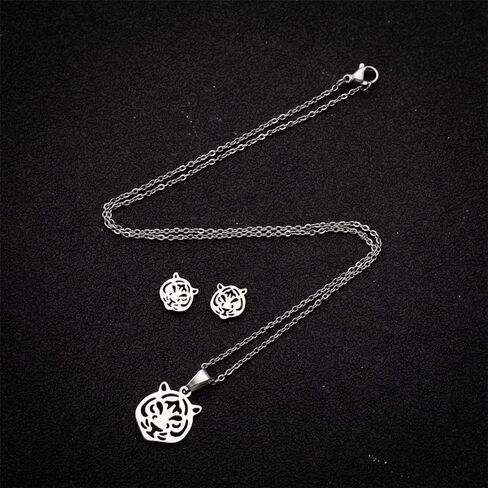 Dreuyet Tiger Head Stud Earrings Necklace Set for Women Punk Rock Stainless Steel Animal Necklace Simple Cute Tiger Stud Earrings Hip Hop Hollow Animal Trendy Jewelry Set in Saudi Arabia