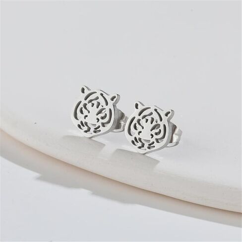 Dreuyet Tiger Head Stud Earrings Necklace Set for Women Punk Rock Stainless Steel Animal Necklace Simple Cute Tiger Stud Earrings Hip Hop Hollow Animal Trendy Jewelry Set in Saudi Arabia