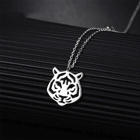 Dreuyet Tiger Head Stud Earrings Necklace Set for Women Punk Rock Stainless Steel Animal Necklace Simple Cute Tiger Stud Earrings Hip Hop Hollow Animal Trendy Jewelry Set in Saudi Arabia