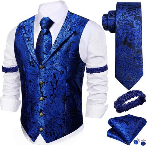 Barry.Wang Mens Silk Lapel/Shawl Collar Vest Tie Sleeve Holder Set Formal/Casual Paisley Vests Wedding Tuxedo Waistcoat in Saudi Arabia